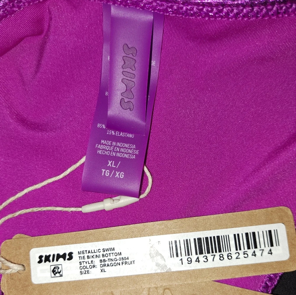NWT SKIMS 3 Pc SET Metallic Swim Tie Bottoms Bikini Top Shorts DRAGONFRUIT L XL